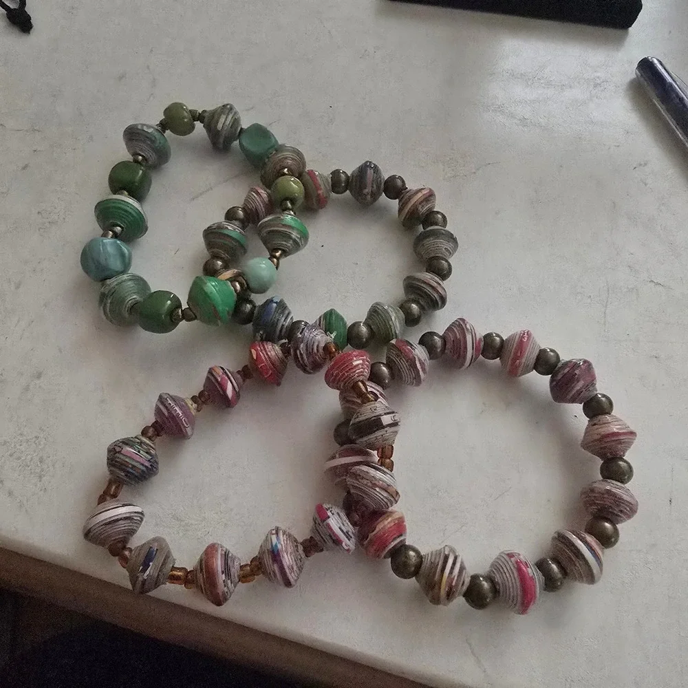 Handmade Paper Bead Stretch Bracelet Set of 3 Multi Color Eco Friendly Boho